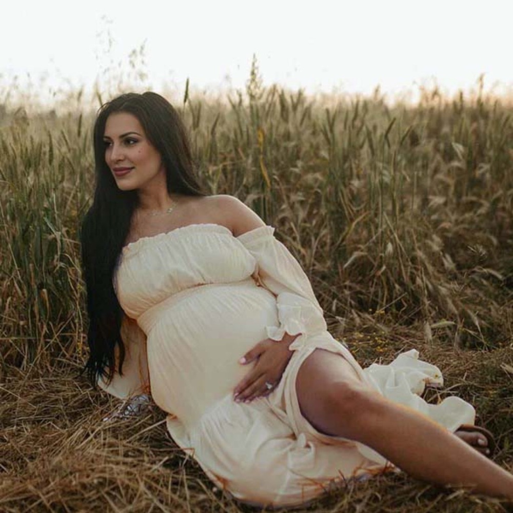 Flowy Off Shoulder Ruffle Side Slit Big Maternity Maxi Dress